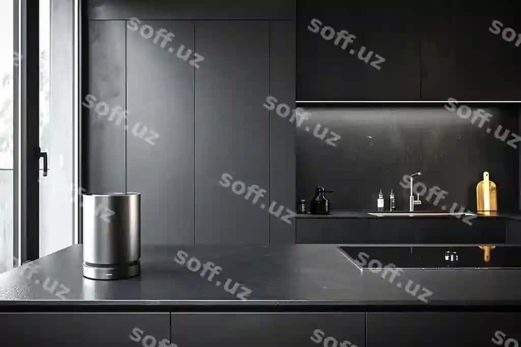 Qora stol usti generativ ai bilan oqlangan oshxona maydoni | Elegant kitchen space with black countertop generative ai