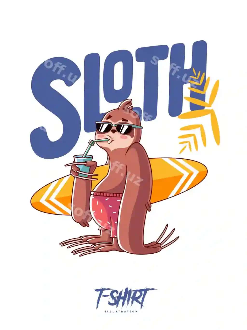 Mishkanchik surfer illustratsiyasi futbolka dizayni uchun | Sloth surfer illustration fot t shirt design