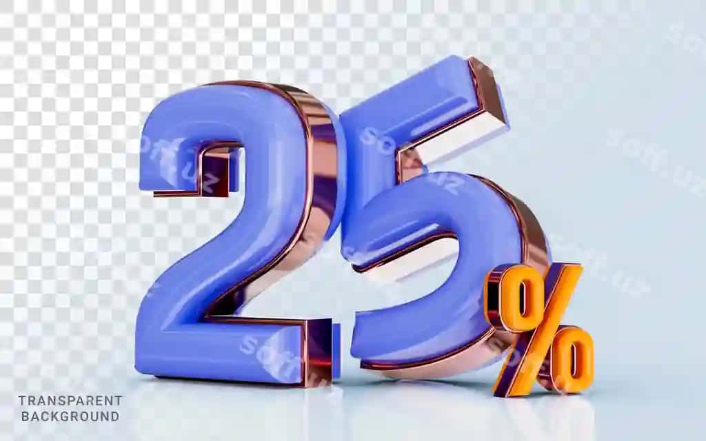 Haqiqiy shaffof 25 foiz chegirma sotuv baneri oltin effekt 3D | Realistic glossy 25 percent discount sale banner golden effect 3d