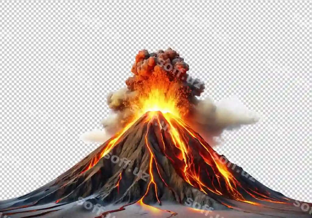 Vulqon pastga chiyaqayotgan ajraltirilgan shaffof fon | Volcano erupting down isolated transparent background