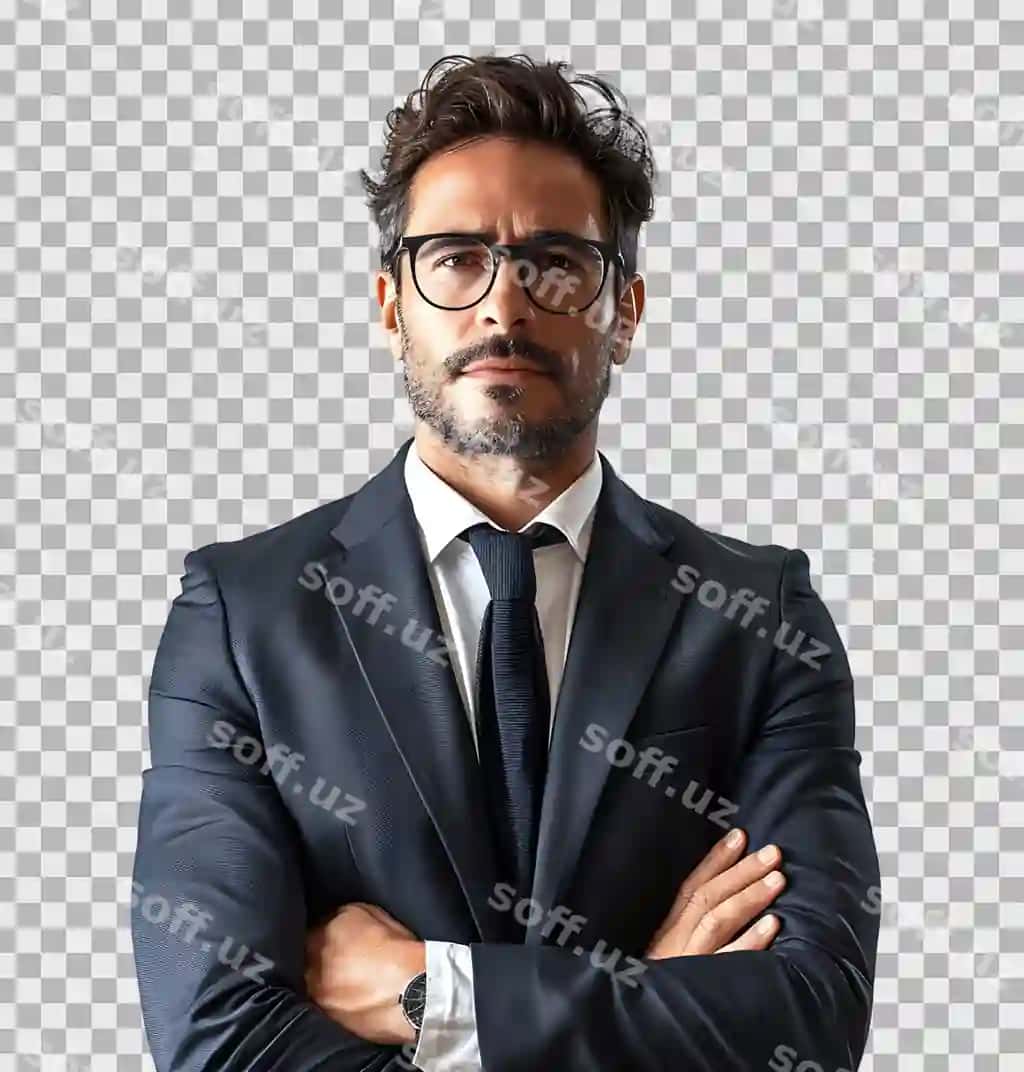 Biznesmen qora kostyum kameraga qarab jilmayib, shaffof | Businessman black suit smiling towards camera isolated transparent