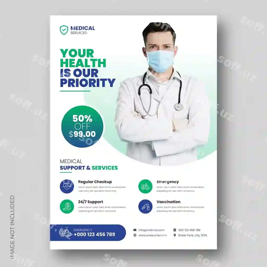 Tibbiy sog'liqni saqlash varaqasi dizayni broshyurasi muqova sahifasi shabloni | Medical healthcare flyer design brochure cover page template