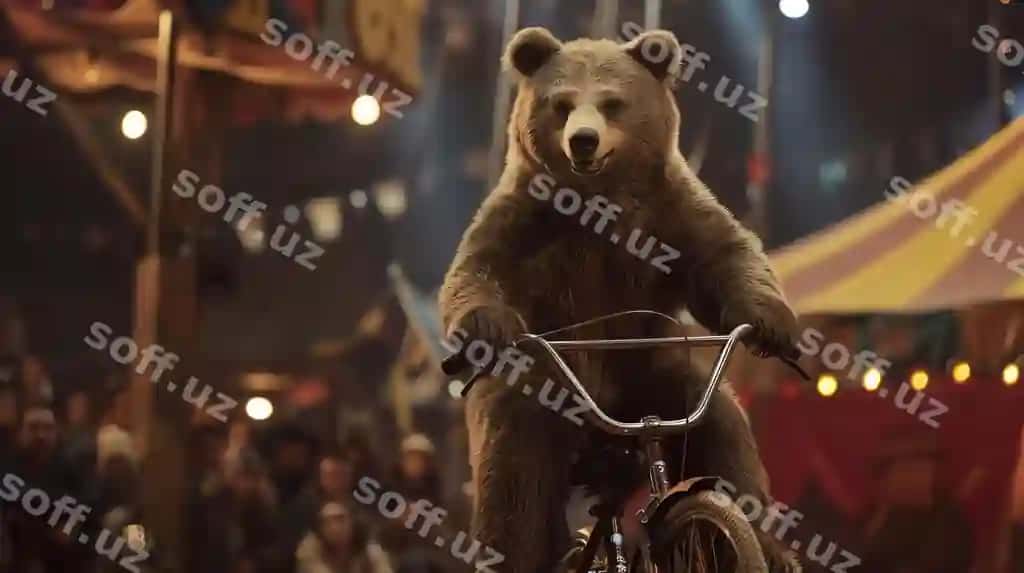 Jigarrang ayiq velosiped tirashtirgan tsirk choynagining oldida | Brown bear riding bicycle front circus tent
