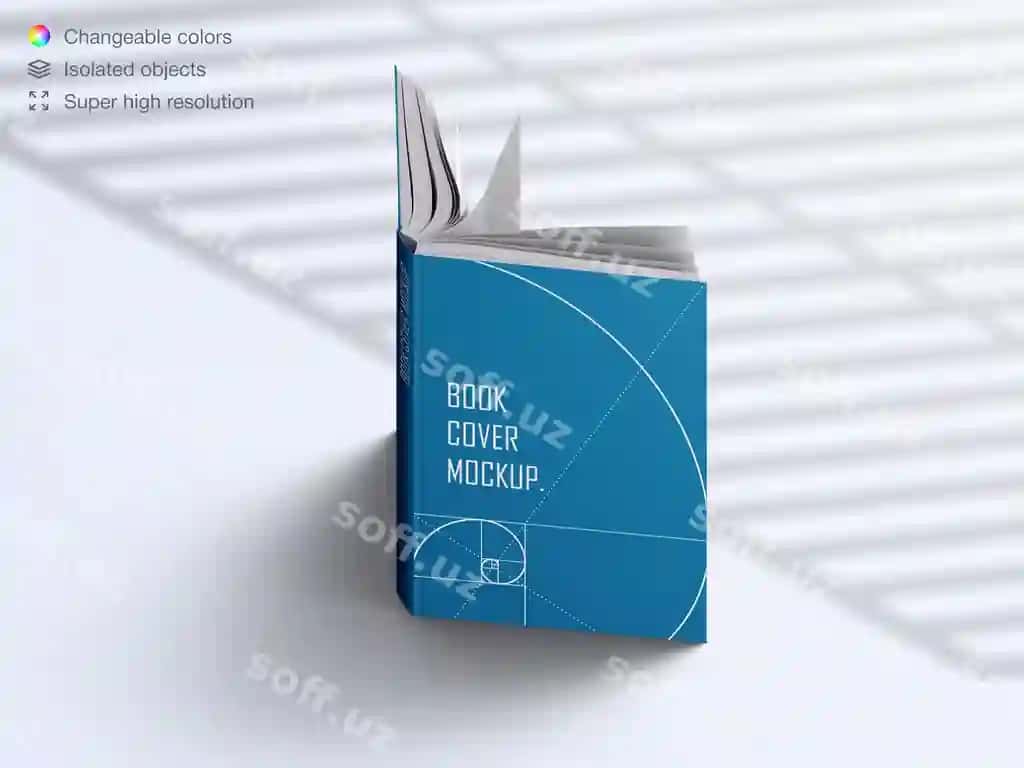 Haqiqiy yuqori burchakda ochilgan kitob qattiq muqova soya qatlami mockup | Realistic high angle opened book hardcover with shadow overlay mockup