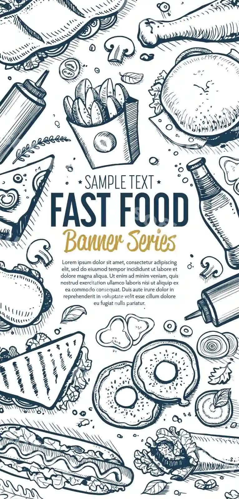Fast tamaddi qilishga vertikal banner menyusi chiziladi | Fast food doodles vertical banner menu
