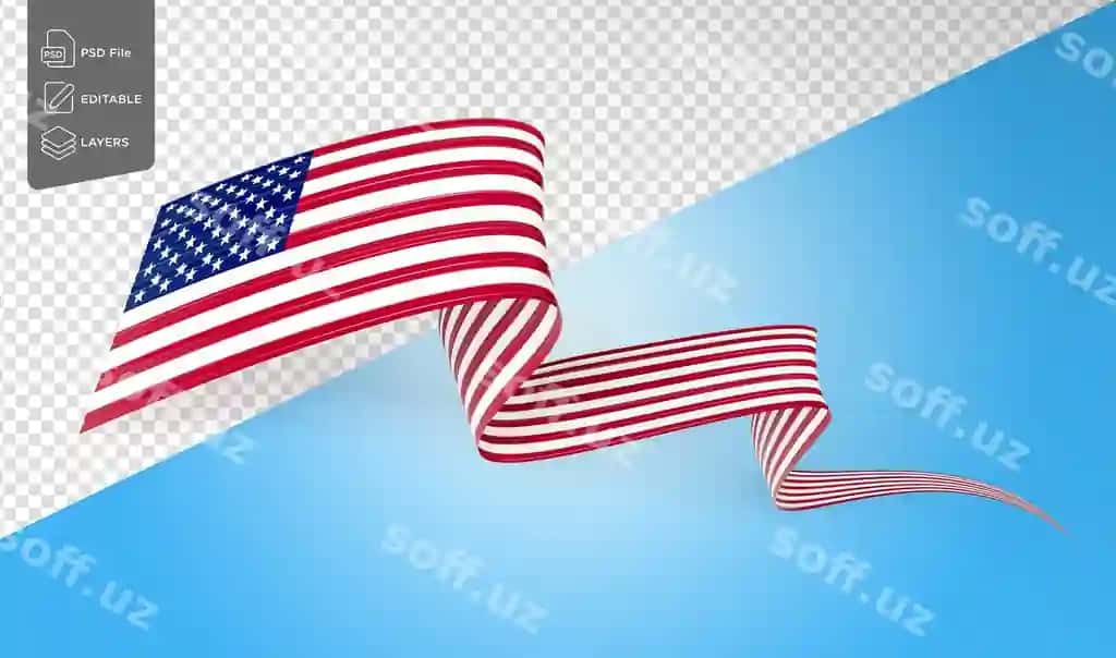 Bayroq Amerika Qo'shma Shtatlari to'lqinli yaltiroq AQSh lenta ko'k fon | Flag united states america wavy shiny usa ribbon blue background