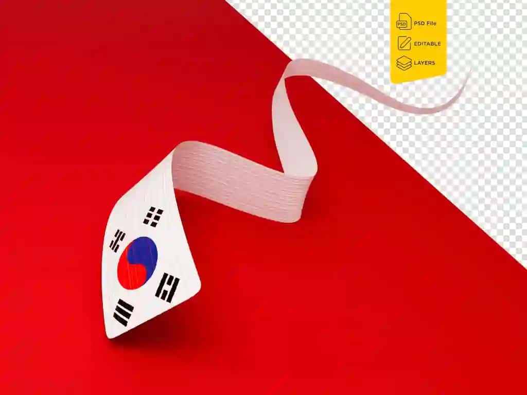 Janubiy Koreya bayrog'i to'lqinli yaltiroq Janubiy Koreya lentasi izolyatsiya qilingan qizil fon | Flag south korea wavy shiny south korea ribbon isolated red background