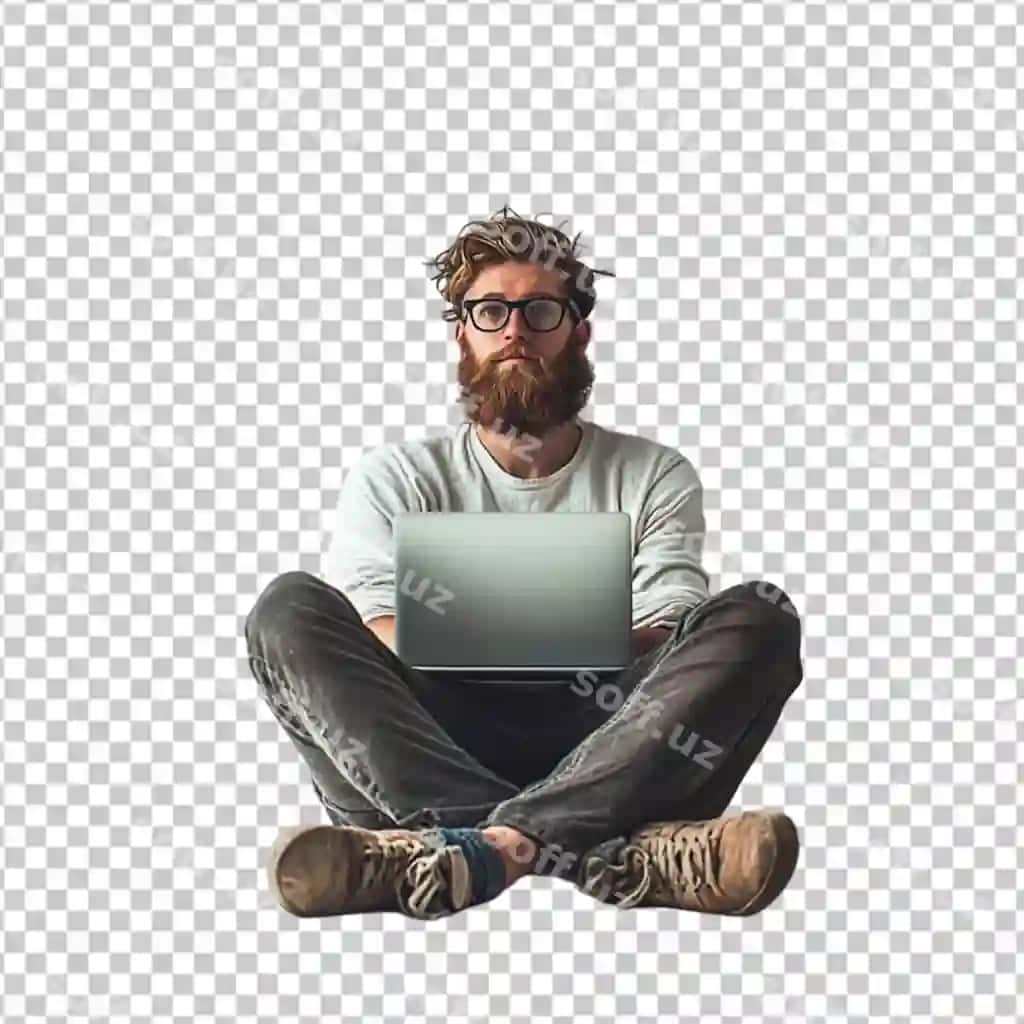 Erkak qo'llari va tizzalari shaffof holda oyoqlarini chalishtirib o'tiribdi | Man is sitting cross legged with his hands his knees isolated transparent