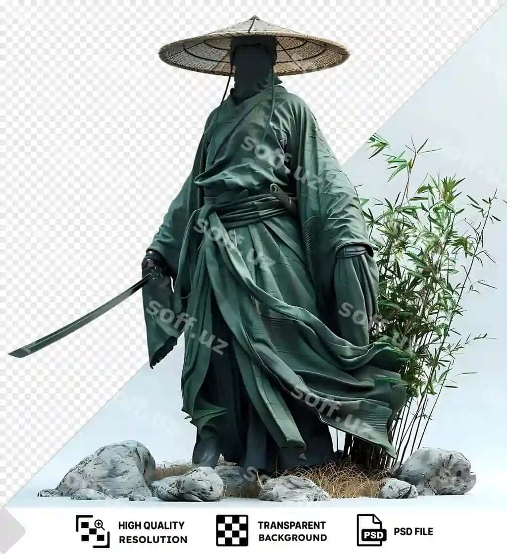 Sirliq shaxs yashil kiyik orqali shaffof fonda asosiy qilgan mepsutni tutadi | Mysterious figure green robe holds sword against transparent background