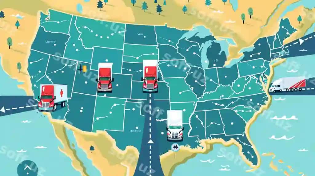 Bu Amerika Qo'shma Shtatlarining illyustratsion xaritasi, to'rtta yuk mashinalari xaritasi yuk mashinalari mamlakatning turli qismlarida | This is illustration map united states there are four trucks map trucks are different parts country