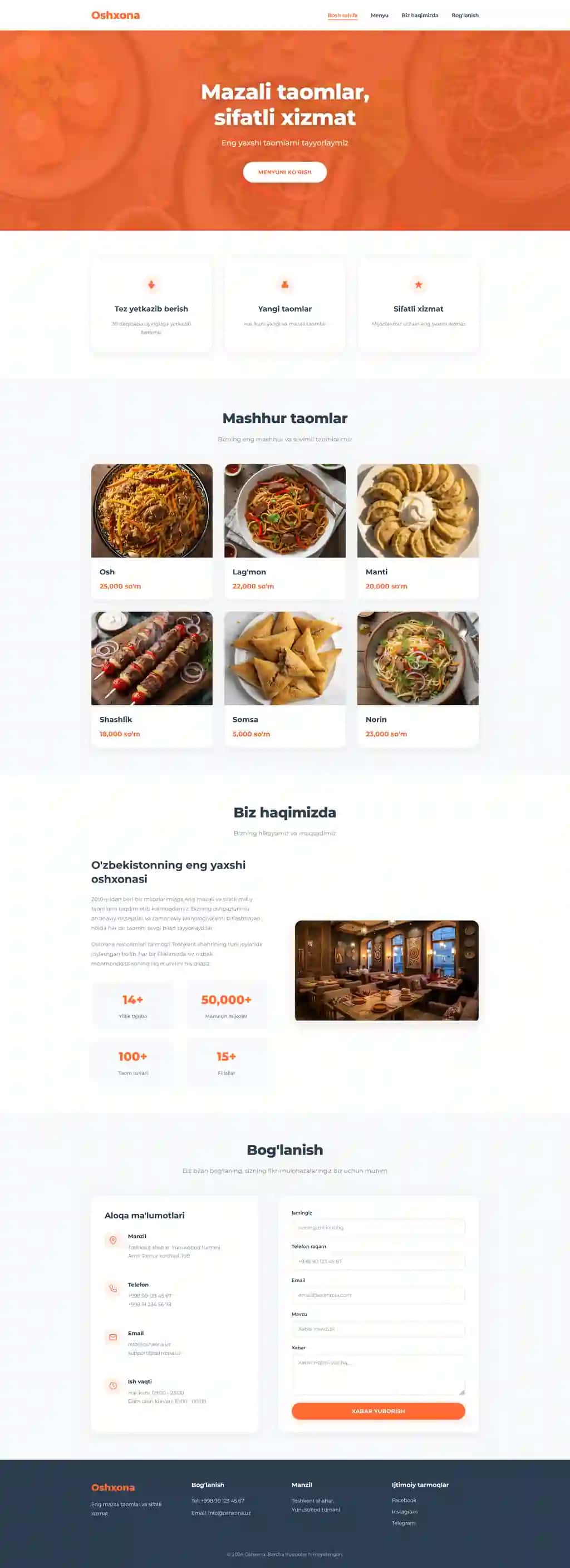 Oshxonalar uchun landing page responsive template