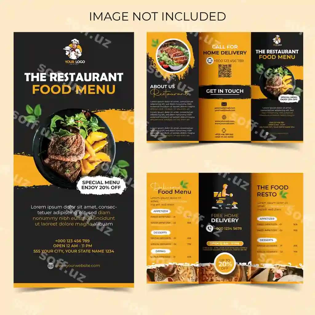 Ovqat uch qismlık broshyur shabloni Tezkor ovqat menyu broshyuri | Food trifold brochure template fast food menu brochure