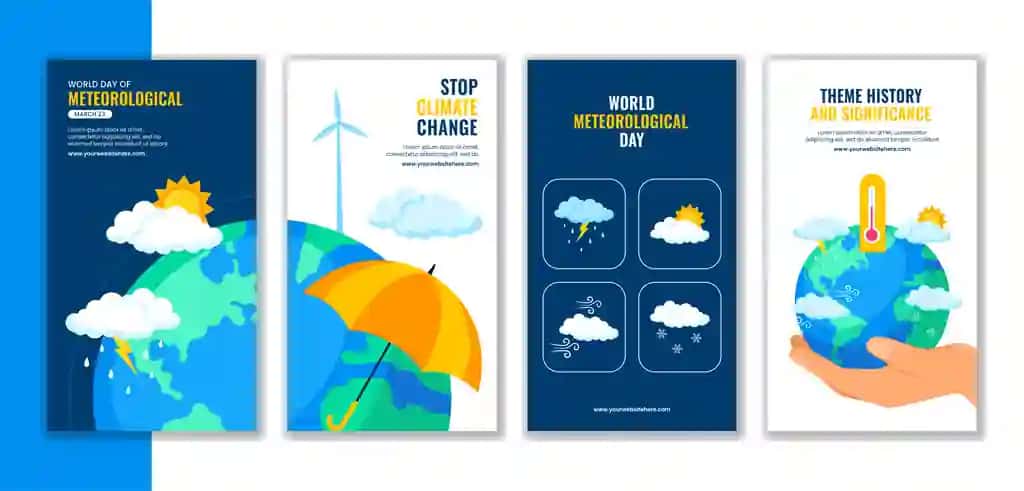 Ijtimoiy tarmoqlardagi hikoyalar shabloni Jahon meteorologiya kuni tekis chizilgan | Social media stories template world meteorological day flat handdrawn