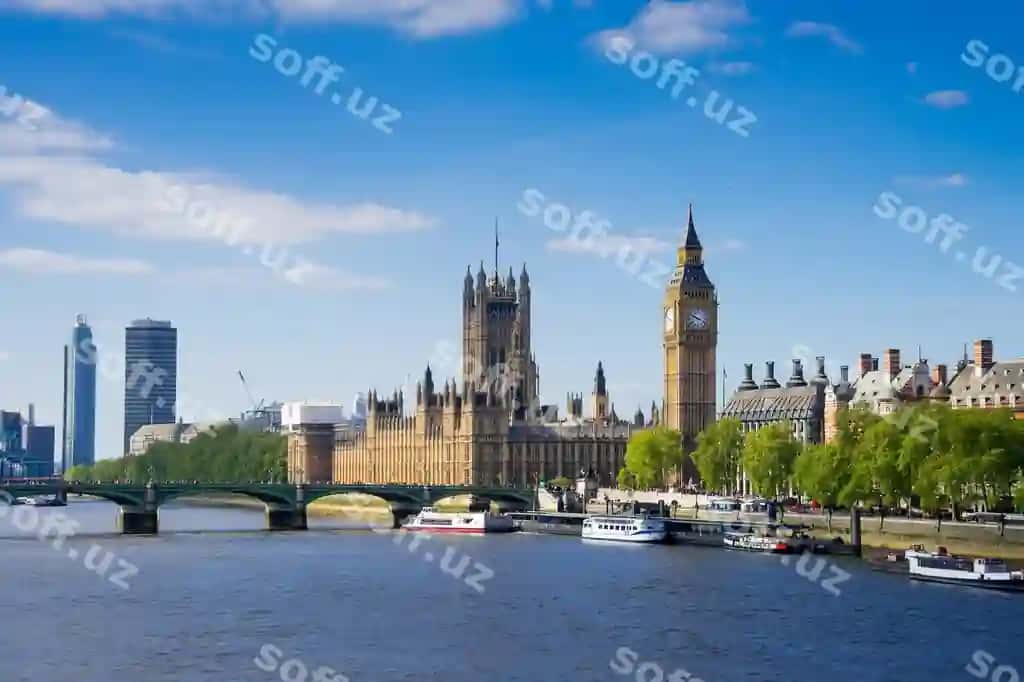 Westminster saroyi Big Ben quyoshli kun London Angliya BQ | Palace westminster big ben sunny day london england uk