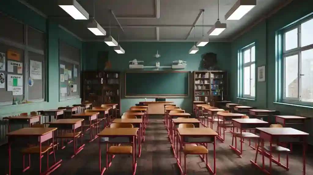 Maktab nomi yozilgan yashil devorli sinf xonasi | Classroom with green wall that says name school