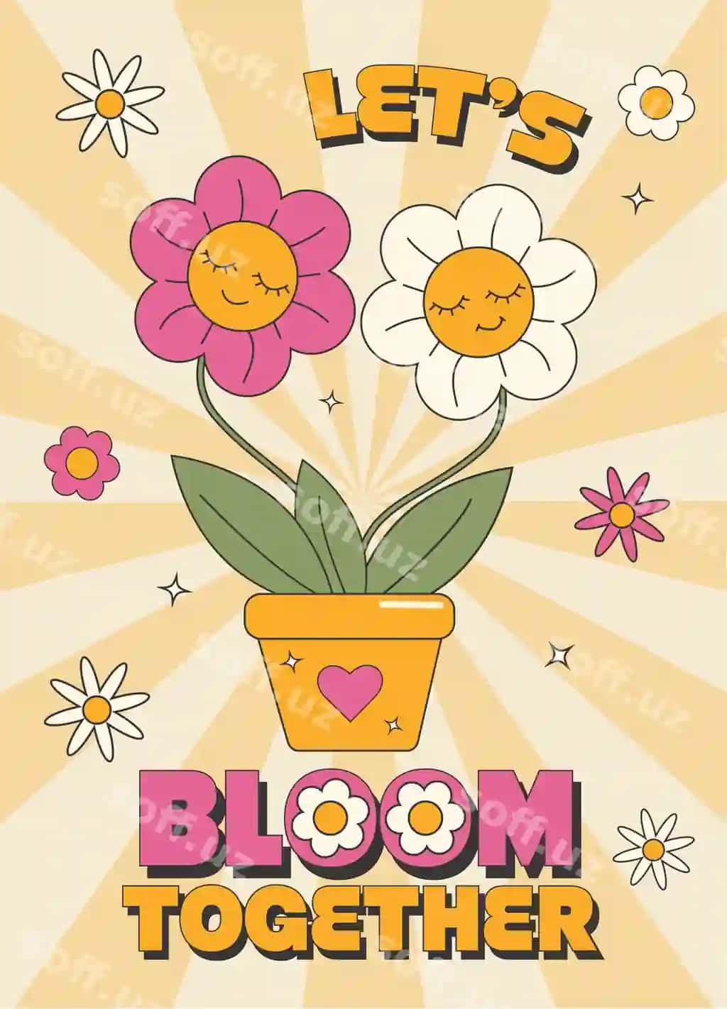 Retro Y2K Groovy Bahor poserti Birgalikda gullashing chiroyli hazil Reto | Retro y2k groovy spring poster let s bloom together cute funny reto