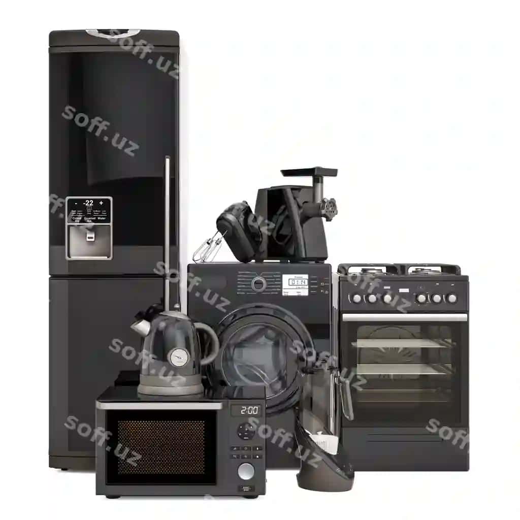 Qora oshxona jihozlari komplekti yuvish mashinasi, holdinga, gaz plitalari, mikroto'lqin pechi, go'sht granulyatori, mikser, choy qozoni, wodorichli suv mashinasi, 3D render. | Set black kitchen appliances washing machine fridge gas range microwave oven meat grinder mixer kettle hydrogen rich water machine 3d rendering