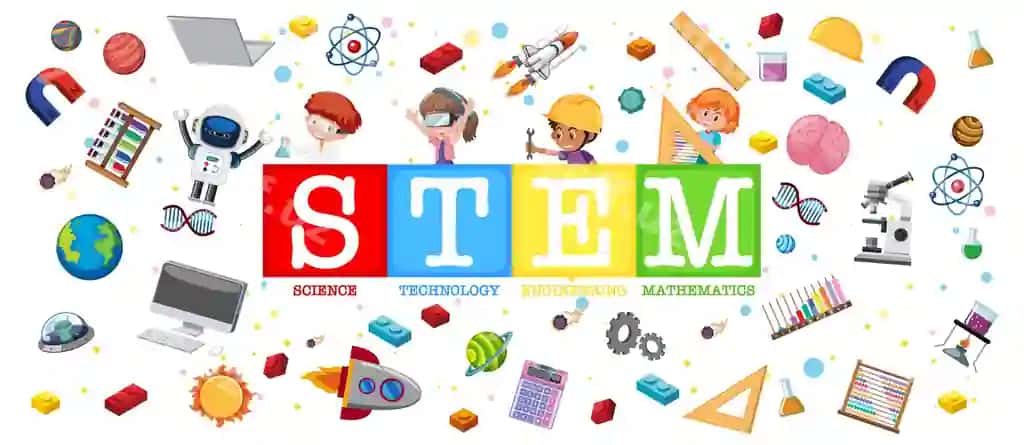 Rangli STEM ta'limi logotipi o'quv elementlari bilan | Colourful stem education logo with learning elements