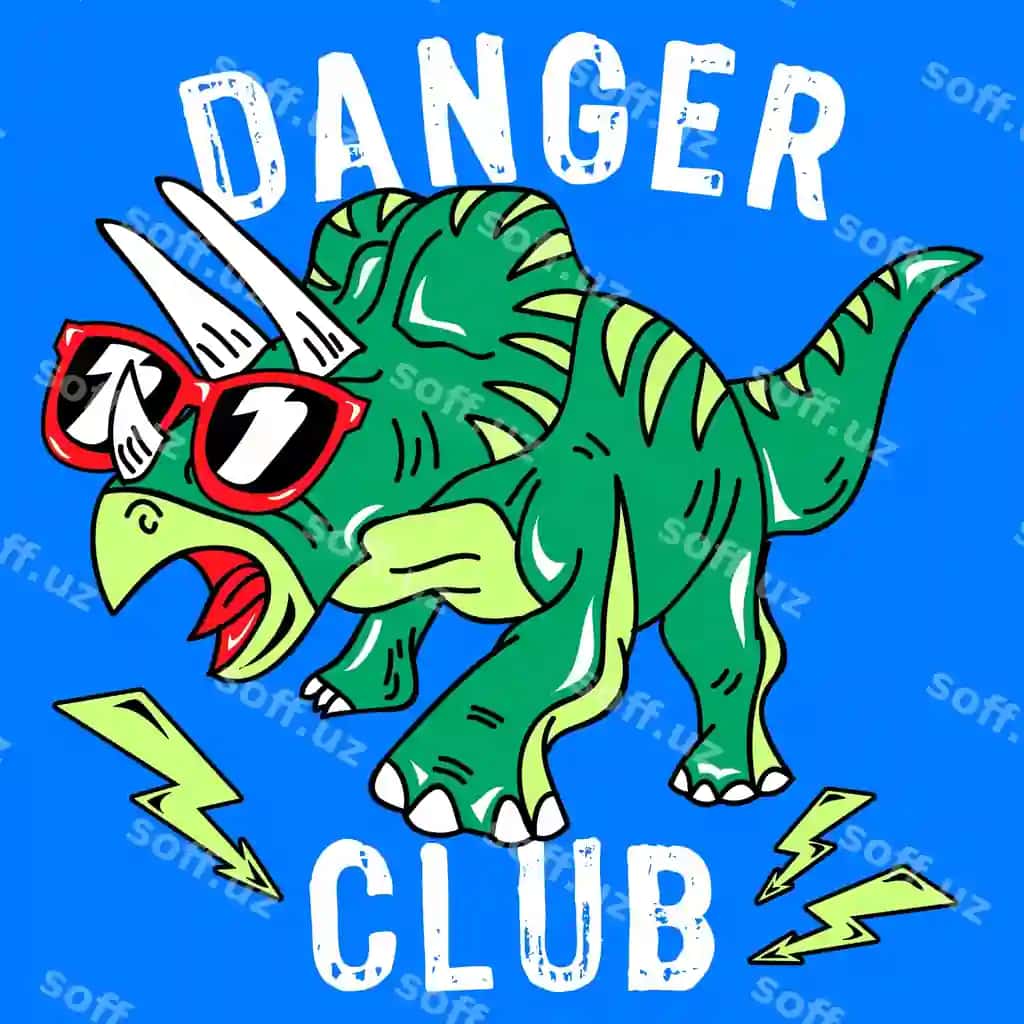 Xavf klubi grunge matn bilan qorqat kiyinayotgan dinozavriy | Danger club grunge text with dinosaur wearing sunglasses