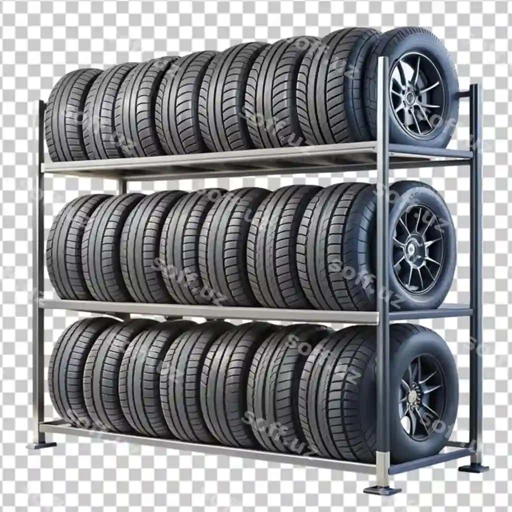 Yig'ilgan pirelar stoyka ajraltirilgan shaffof fonda | Pile stand tires isolated transparent background