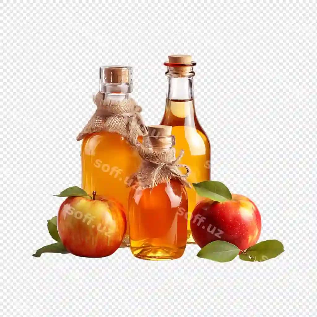 Izolyatsiya qilingan yangi olma barglari bilan uchta shisha olma sirkasi | Three bottles apple cider vinegar with fresh apples leaves isolated