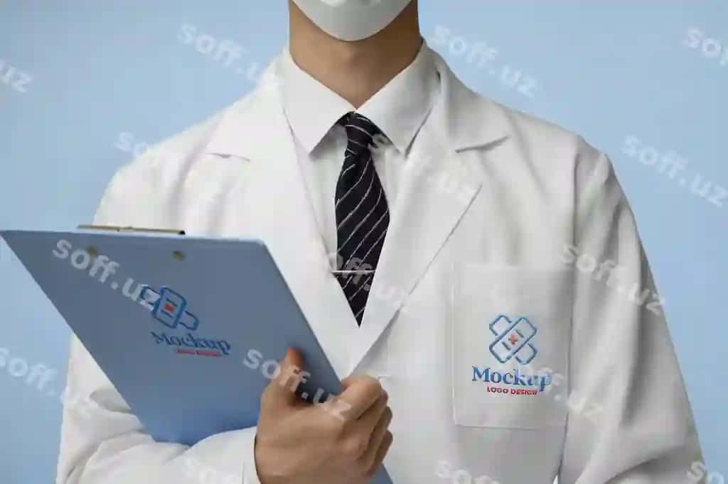 Laboratoriya paltosini kiygan odamning maket dizayni | Person wearing lab coat mock up design