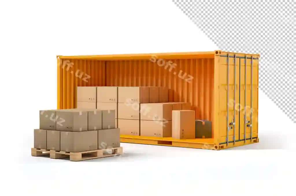 Paletli karton qutilar bilan ochiq yuk konteyneri maketi | Open cargo container mockup with pallet cardboard boxes