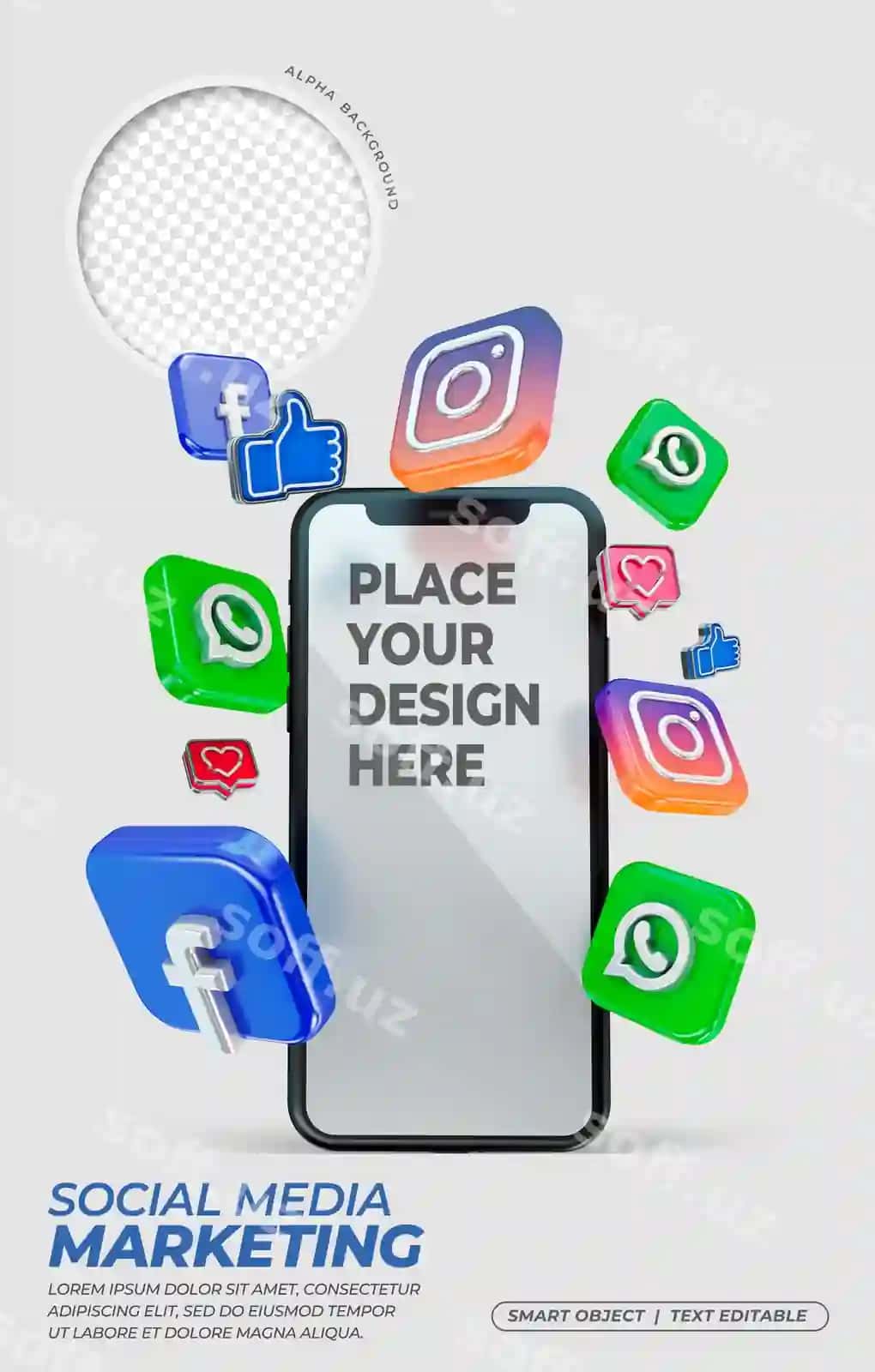 Mobil ekran maketli 3D ijtimoiy media piktogrammalari | 3d social media icons with mobile screen mockup