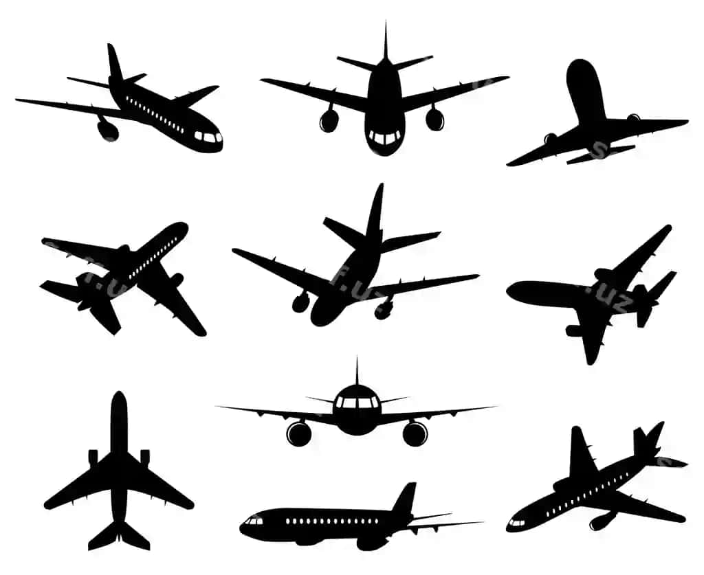 Samolyot silueti yo'lovchi samolyoti orqa old past ko'rinishlari samolyot | Airplane silhouette passenger plane back front bottom views aircraft