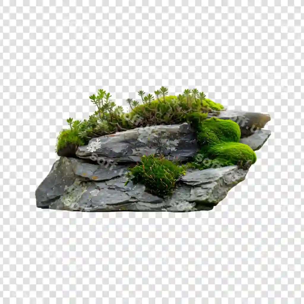 Kulrang tosh yashil qurdiu o'simliklari ajraltirilgan oq fonda | Grey rock with green moss plants isolated white background