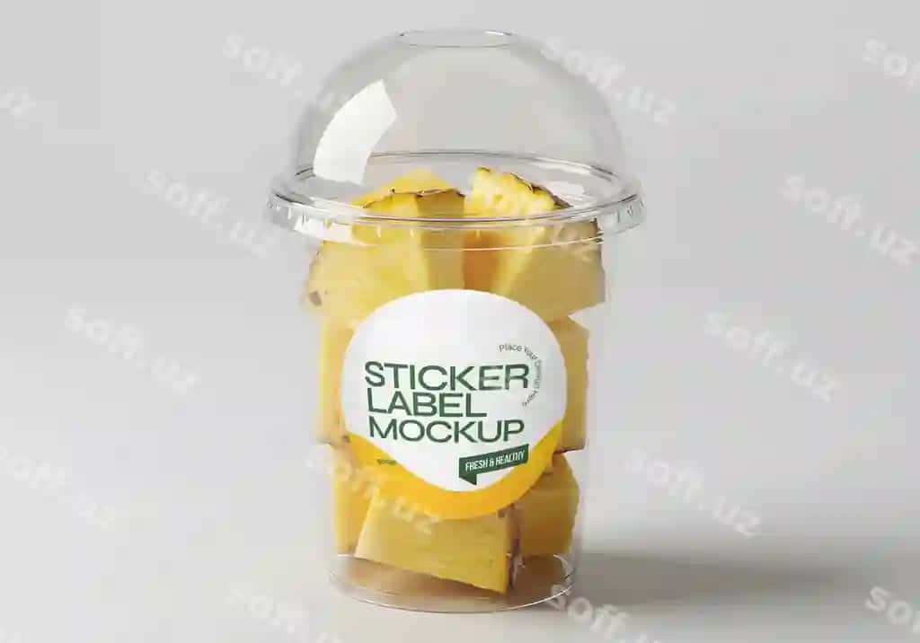 Stiker yorlig'i maketli ananas bo'laklari plastik stakan | Pineapple chunks plastic cup with sticker label mockup