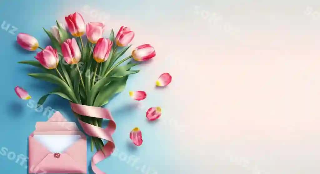 Chiroyli buket gulrang lola konvert lyentasi bilan | Beautiful bouquet pink tulips with envelope ribbon