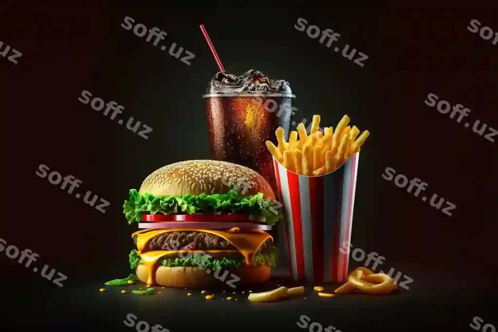 Gamburger fri koktellar masa generatorli sunʼiy intellekt | Hamburger fries drink are table generative ai