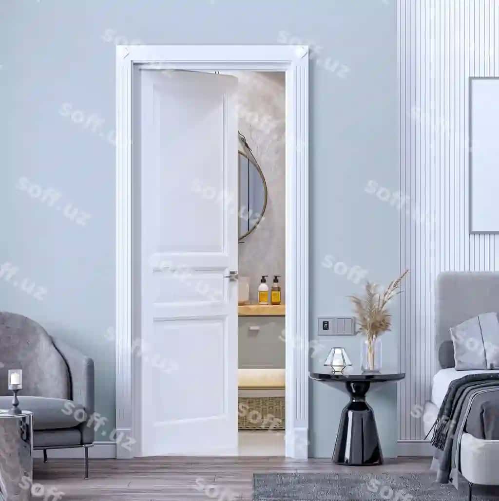 Zamonaviy yotoq xonasi, hammom, yog'och taxta, osilgan oq eshikli yotoqxona stoli bilan | Modern bedroom with bathroom wooden floor bed with bedside table with hanging light white doo