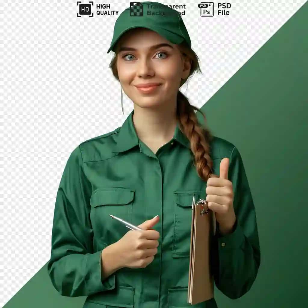 Yashil kombinezon kepkasi kiygan jilmayuvchi ayol ishchi buferni ushlab turibdi | Smiling female worker wearing green jumpsuit cap holding clipboard