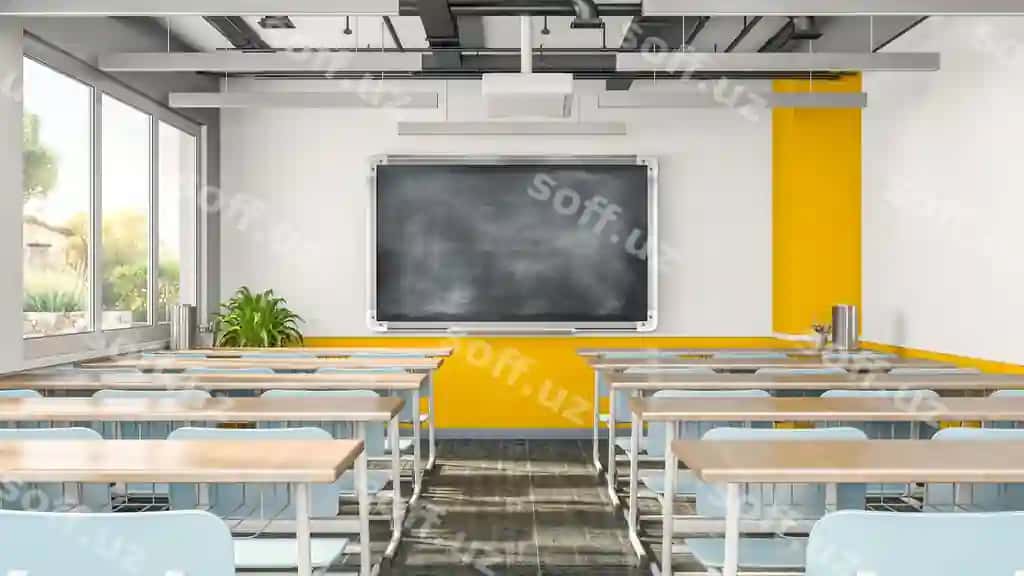 Bo'sh sinif xonasining prezentatsiya xonasining ichki qismi stollar stullar doska | Empty classroom presentation room interior with desks chairs chalkboard