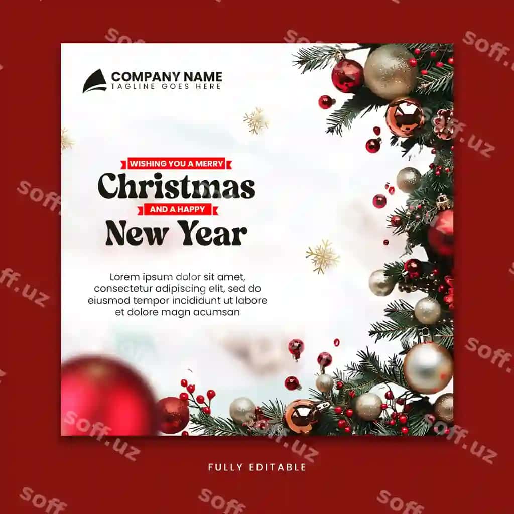 Christmas xati qizil fonda yelka bezatmalari bilan | Christmas card with red background with christmas tree ornaments