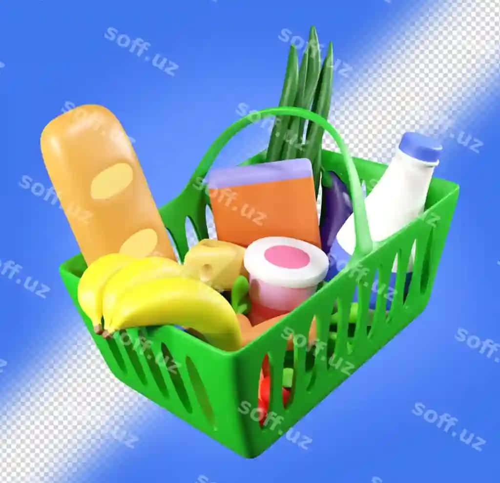 Chiroyli tarqatilgan mahsulotlar supermarket savatidagi 3d render shaffof | Beautifully arranged products are supermarket basket 3d render transparent