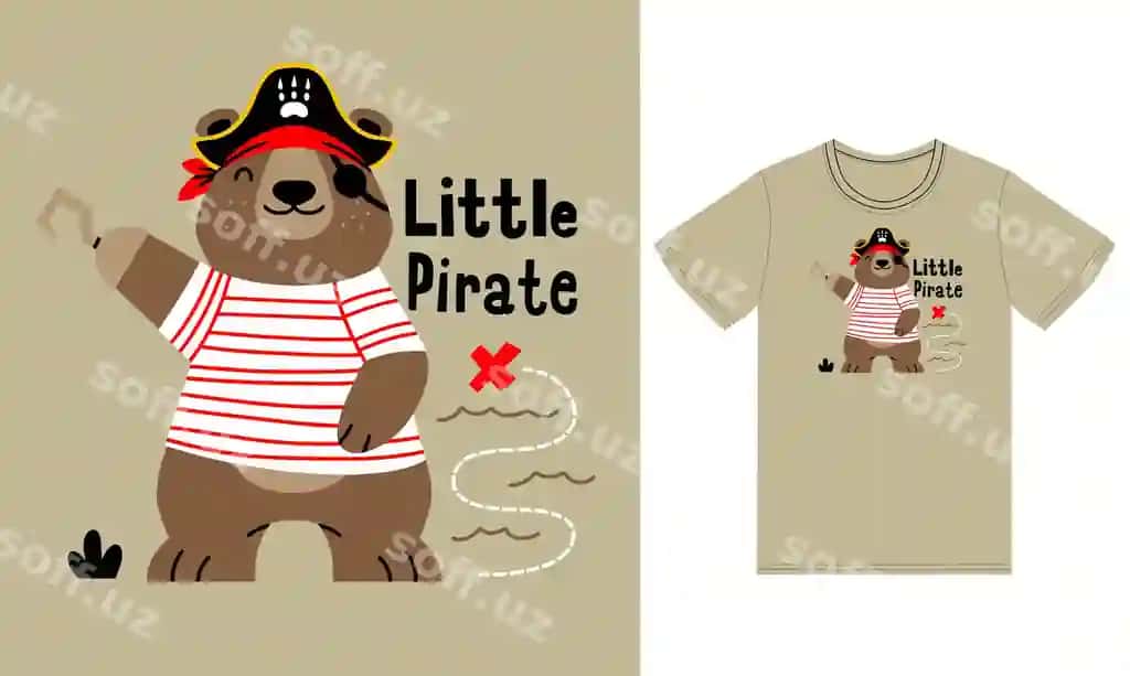 Chiroyli ayiq dengizi illustratsiyasi futbolka dizayni bilan premium vektor | Cute bear pirate illustration with tshirt design premium vector