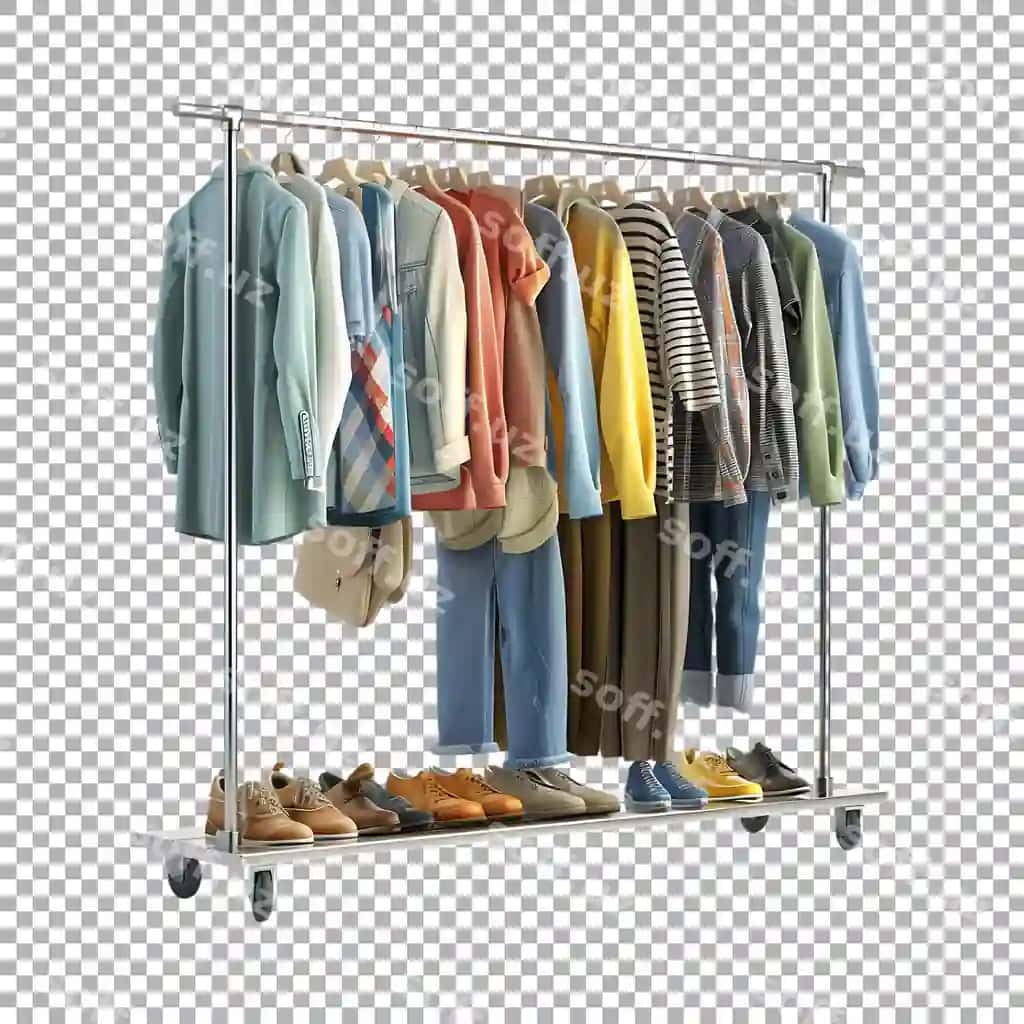 Garderob stoykasi kiyimlar bilan shaffof orqa fonda AI yaratilgan | Wardrobe stand with clothes it transparent background ai generated