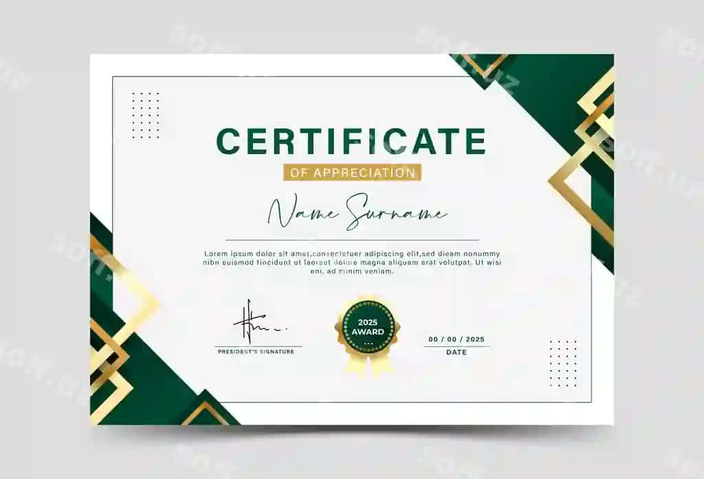 To'q yashil oltin geometrik effektga erishish sertifikat shabloni | Dark green gold geometric effect achievement certificate template