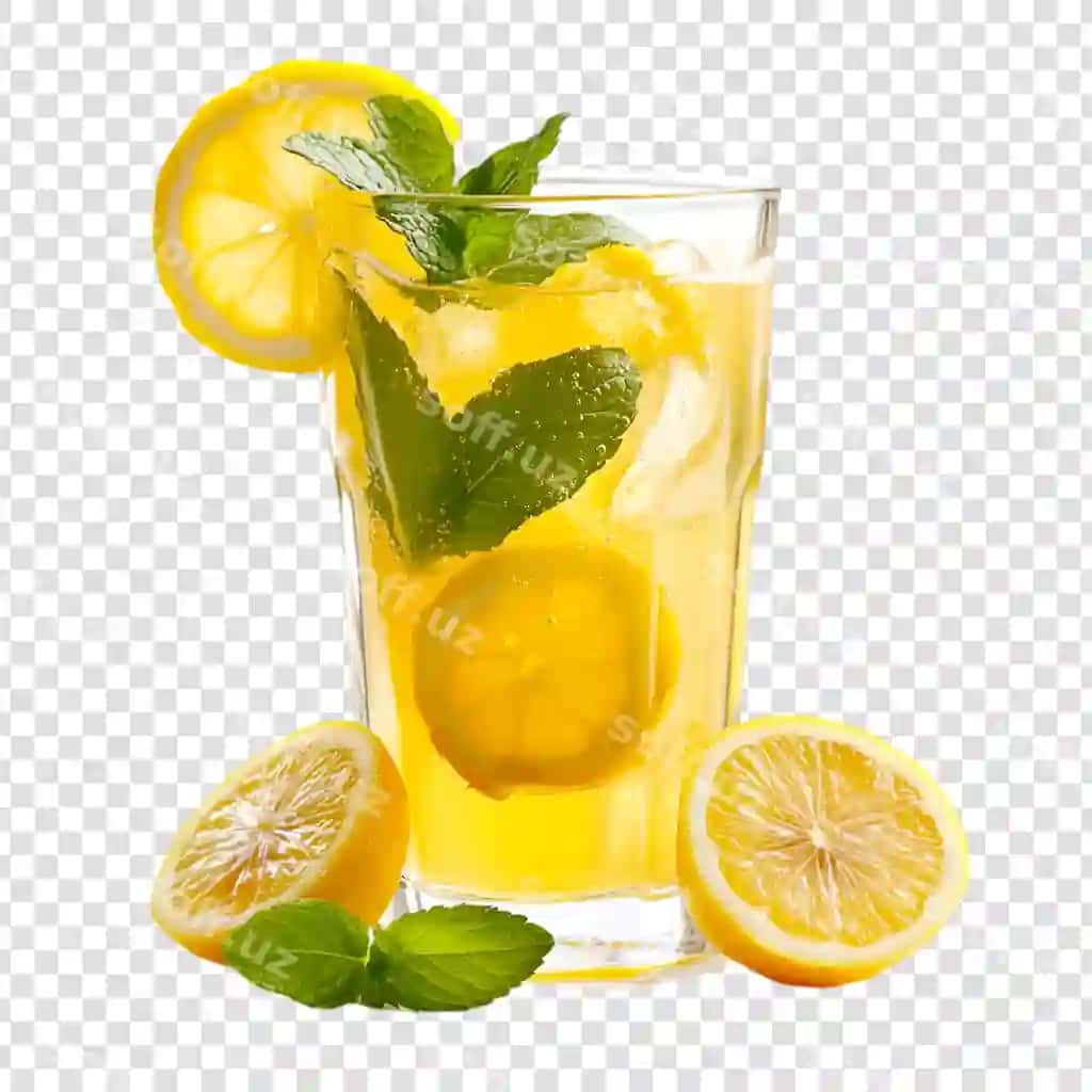 Yalpizli shaffof fonli tetiklantiruvchi muzli limonli ichimlik qadahi | Refreshing iced lemon drink glass with mint transparent background