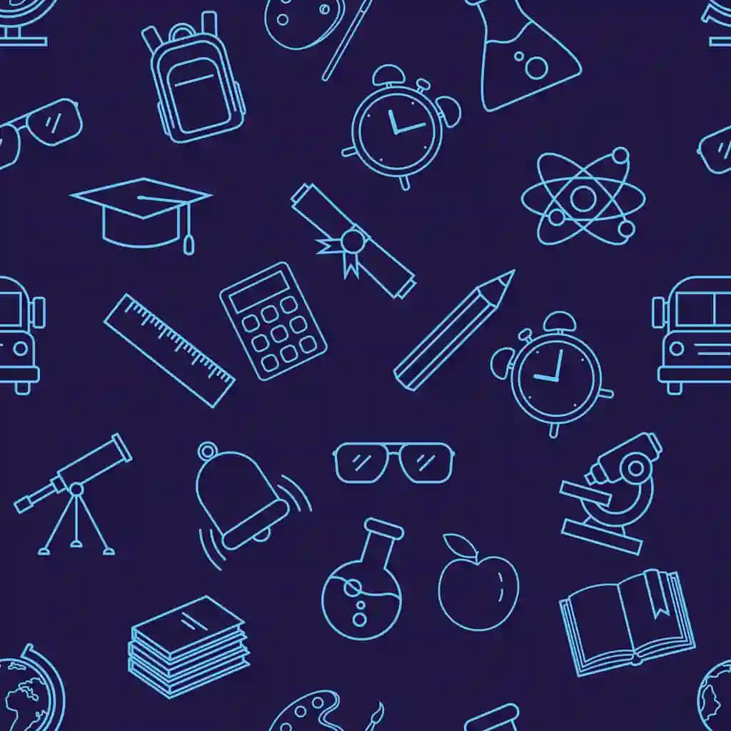 To'q ko'k fonda maktab piktogrammalarining konturli vektorli choksiz naqsh | Vector seamless pattern with outline school icons dark blue background