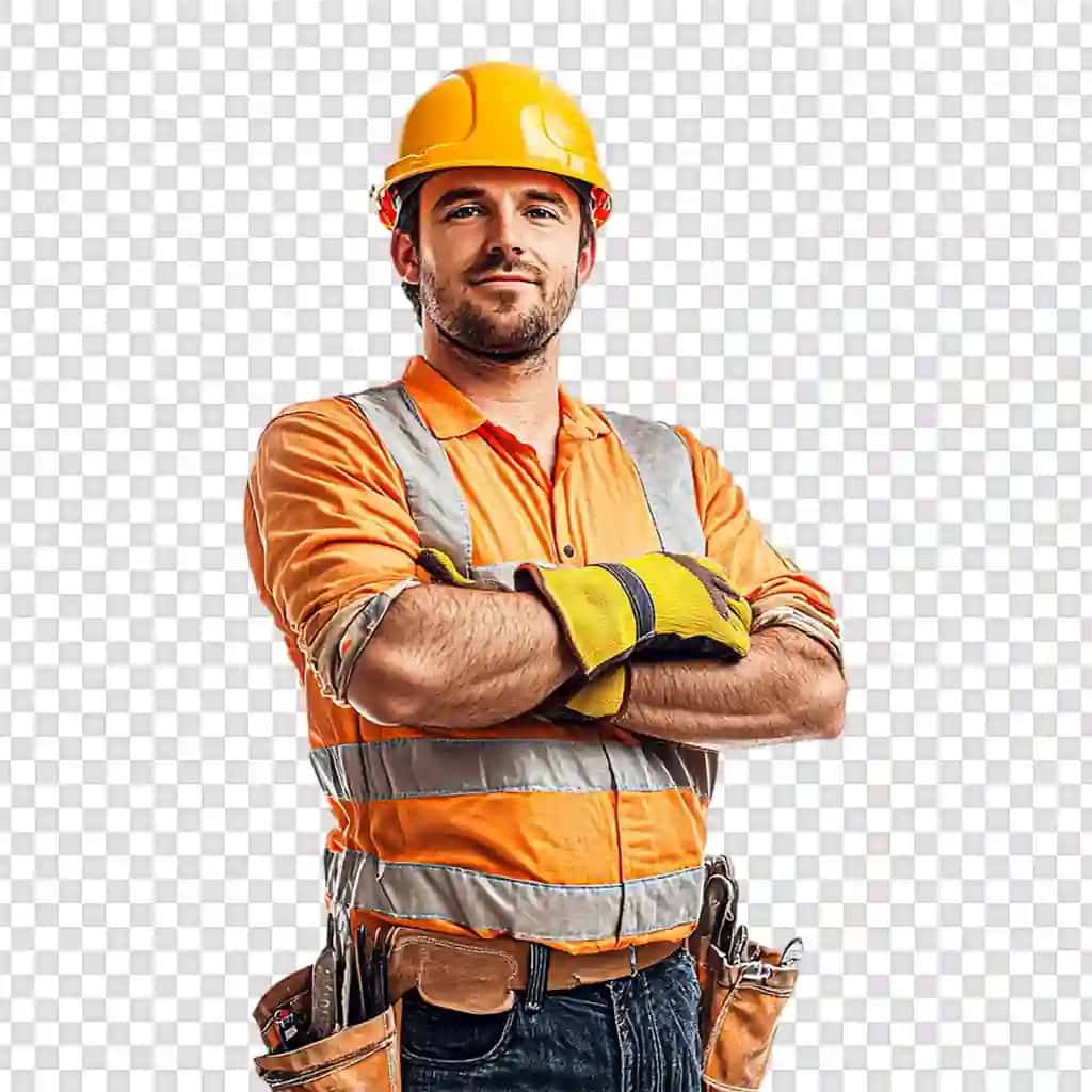 Shaffof fonda jiletli dubulg'ali qurilish ishchisi muhandisi | Construction worker engineer with vest helmet transparent background
