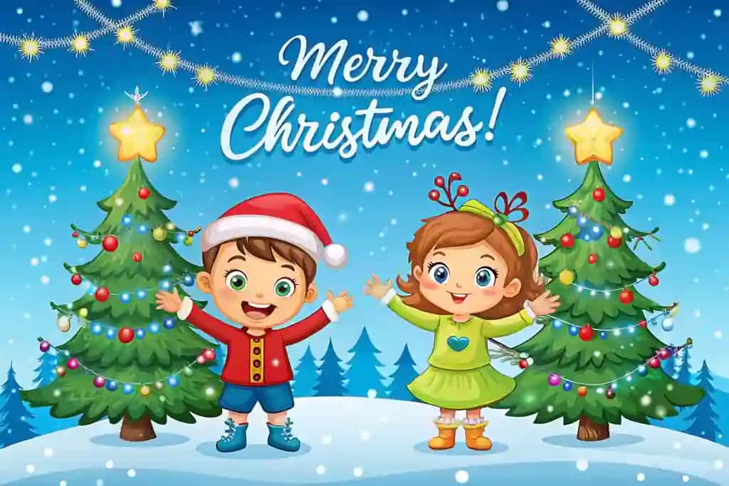 Yulduzli tunda bezatilgan daraxtlar yonida Rojdestvoni nishonlayotgan quvnoq bolalar | Joyful kids celebrating christmas by decorated trees starry night