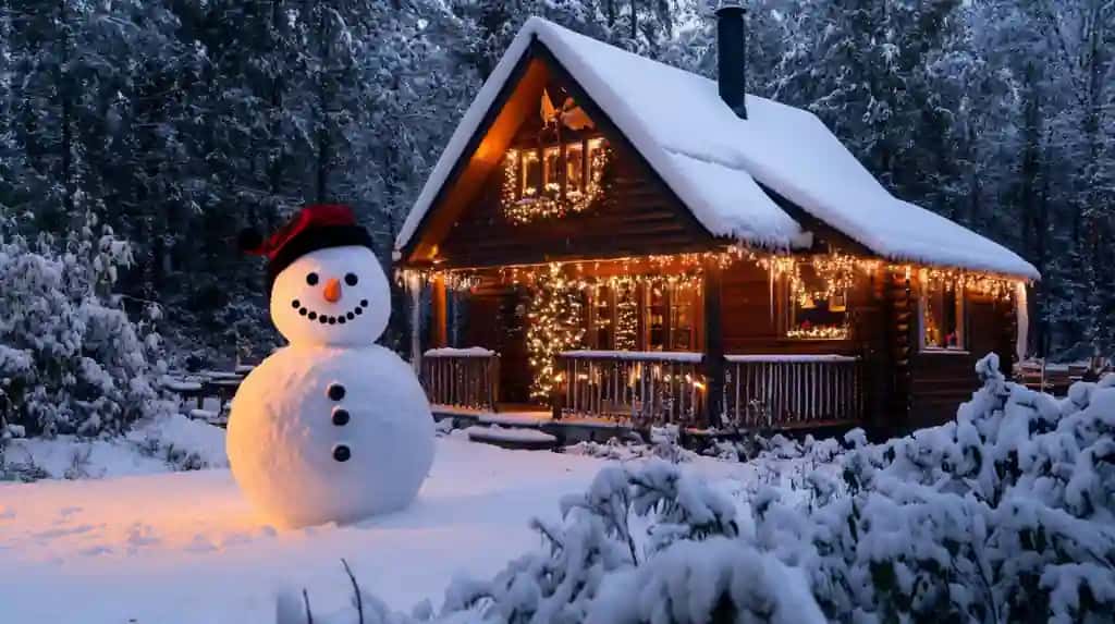 Uy yaqinidagi baxtli qor odami qordan odam old hovlisi chiroqlar bilan bezatilgan pastoral uy | Happy snowman near house snowman front yard idyllic house decorated with lights
