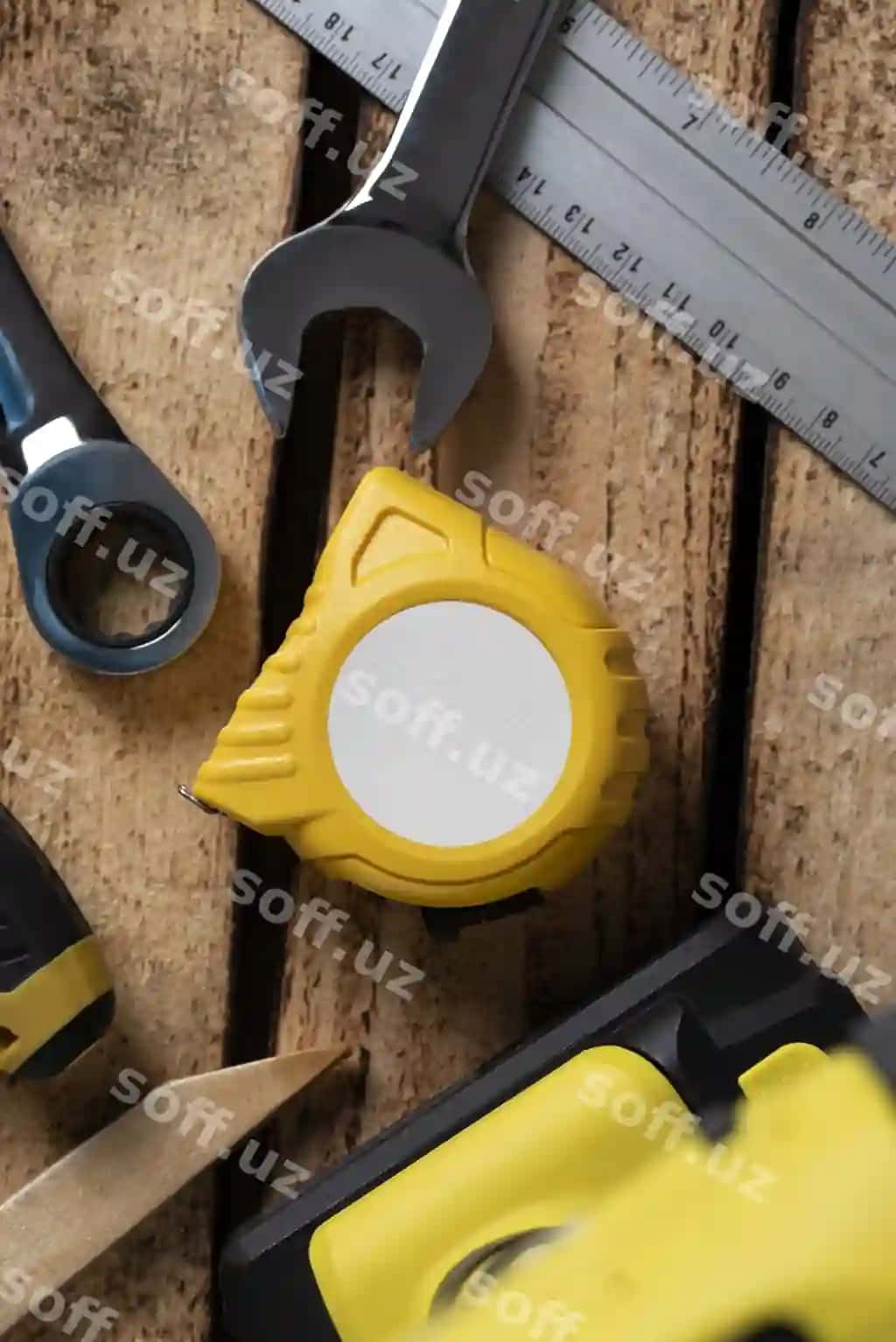 Yuqoridan ko'rinadigan o'lchov lentasi maket dizayni | Top view measuring tape mockup design