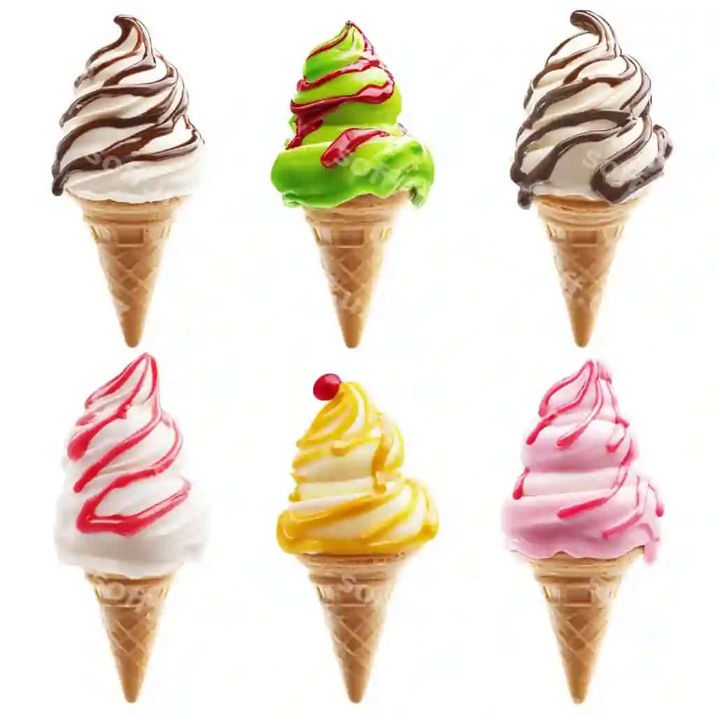 To'plam shirin muzlat vafel kon ajraltirilgan oq fonda | Collection delicious ice cream waffle cone isolated white background