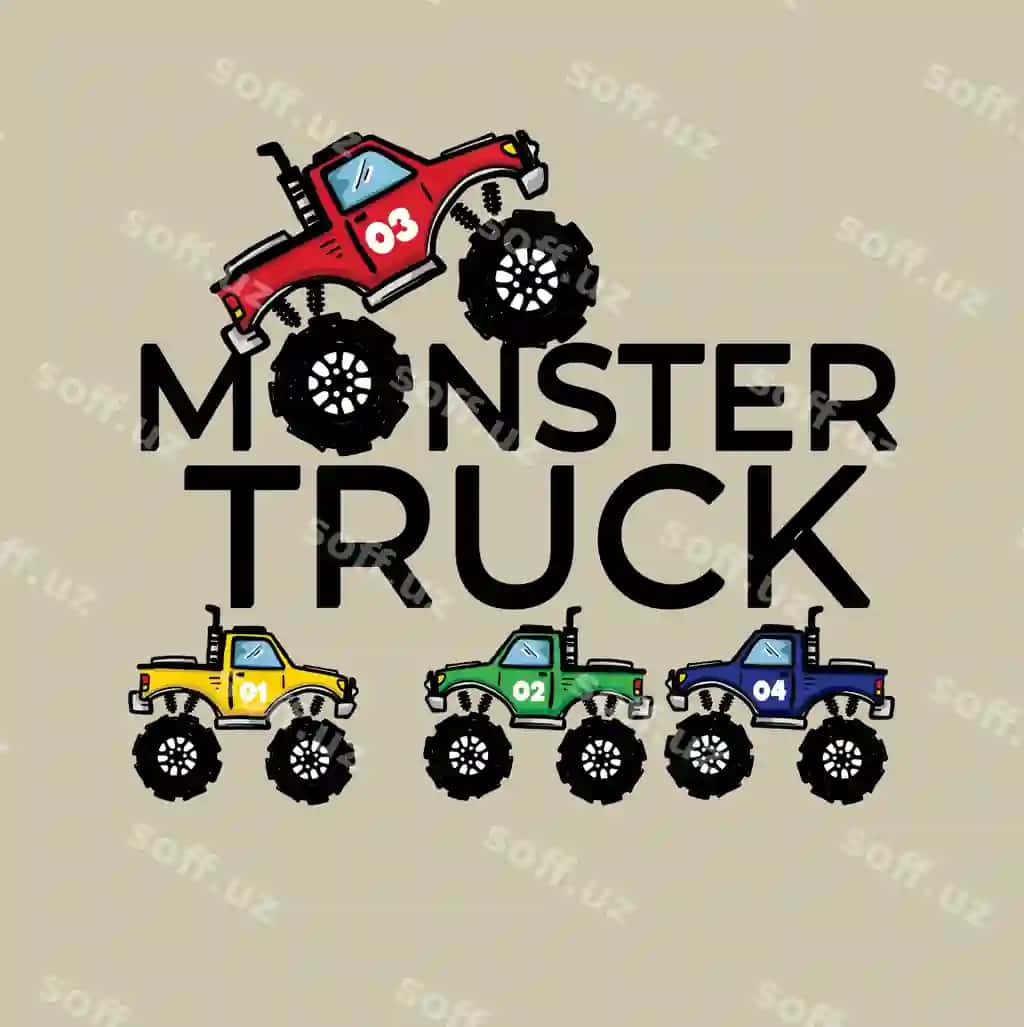 Bir nechta rangli transport vositalari tasvirlangan yirtqich yuk mashinasi illyustratsiyasi | Monster truck illustration with multiple colorful vehicles