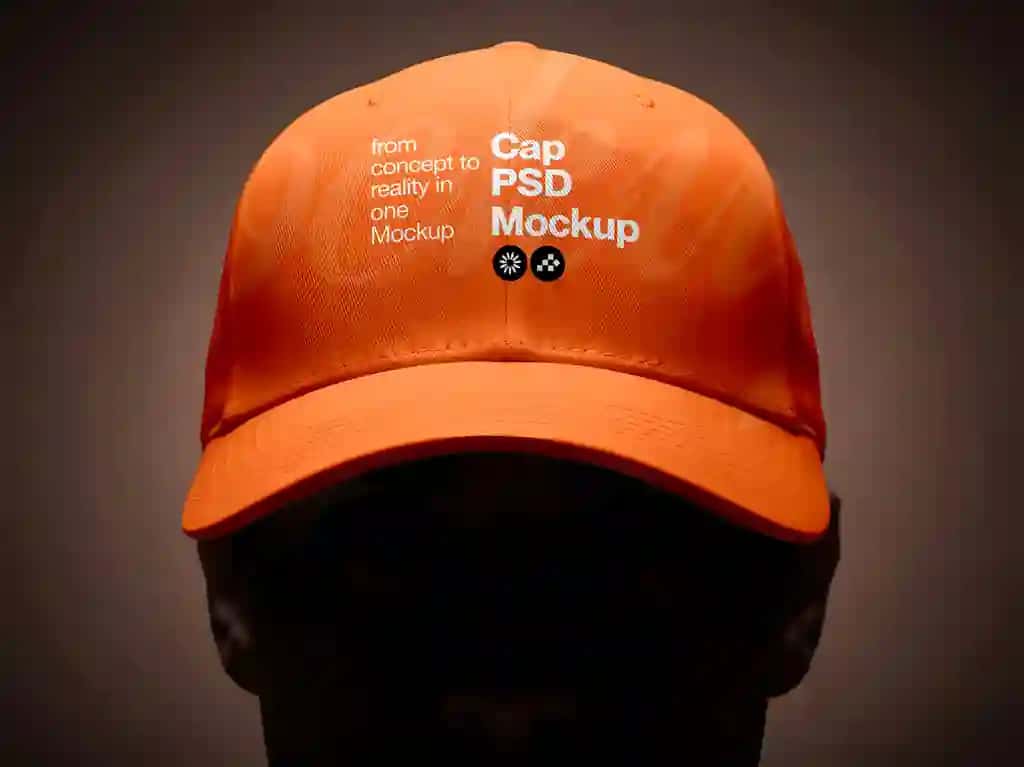 To'q sariq beysbol kepkasi, dramatik yorug'lik bilan bezatilgan psd maket boshi | Orange baseball cap psd mockup head with dramatic lighting